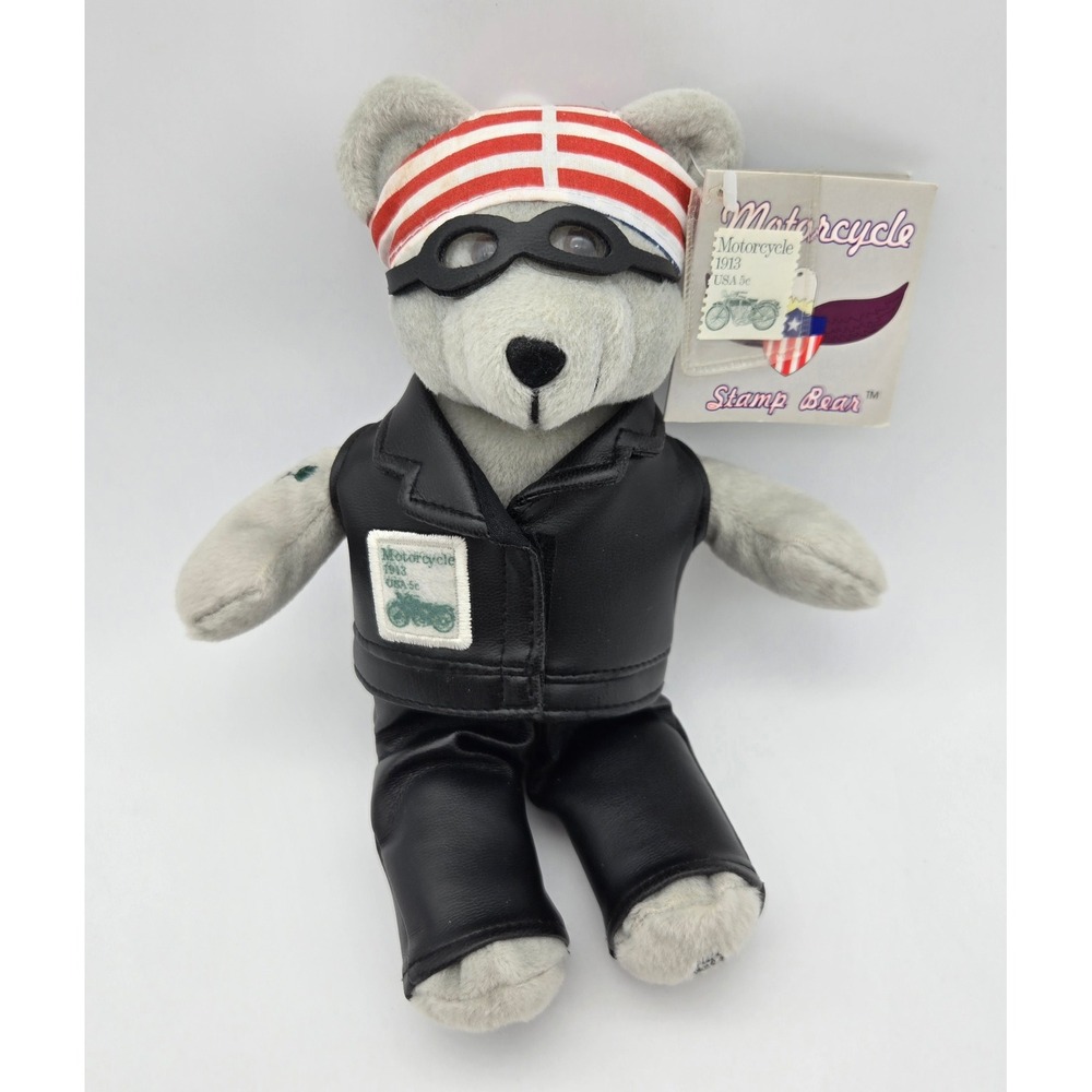 Stamp Bear Motorcycle Biker Plush Gray USA Flag Bandana Faux Leather Vest 9in